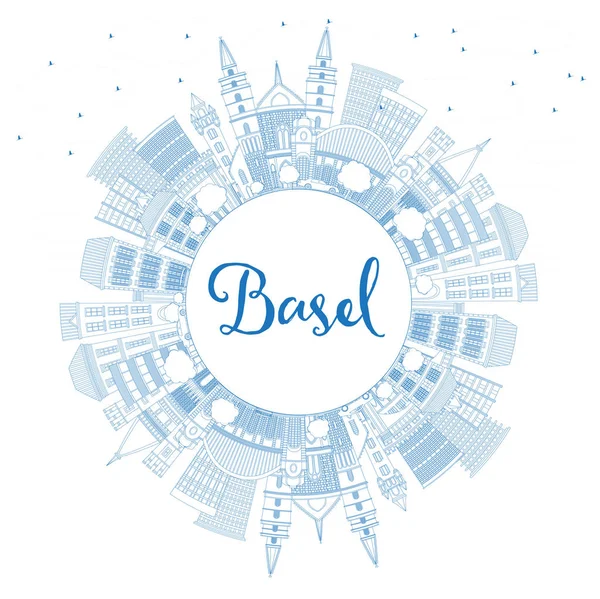 Kontur Basel Schweiz Stadssilhuetten Med Blå Byggnader Och Kopia Utrymme — Stock vektor