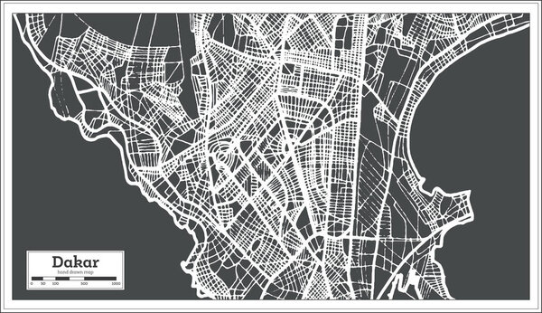 Dakar Senegal City Map in Retro Style. Outline Map. Vector Illustration.