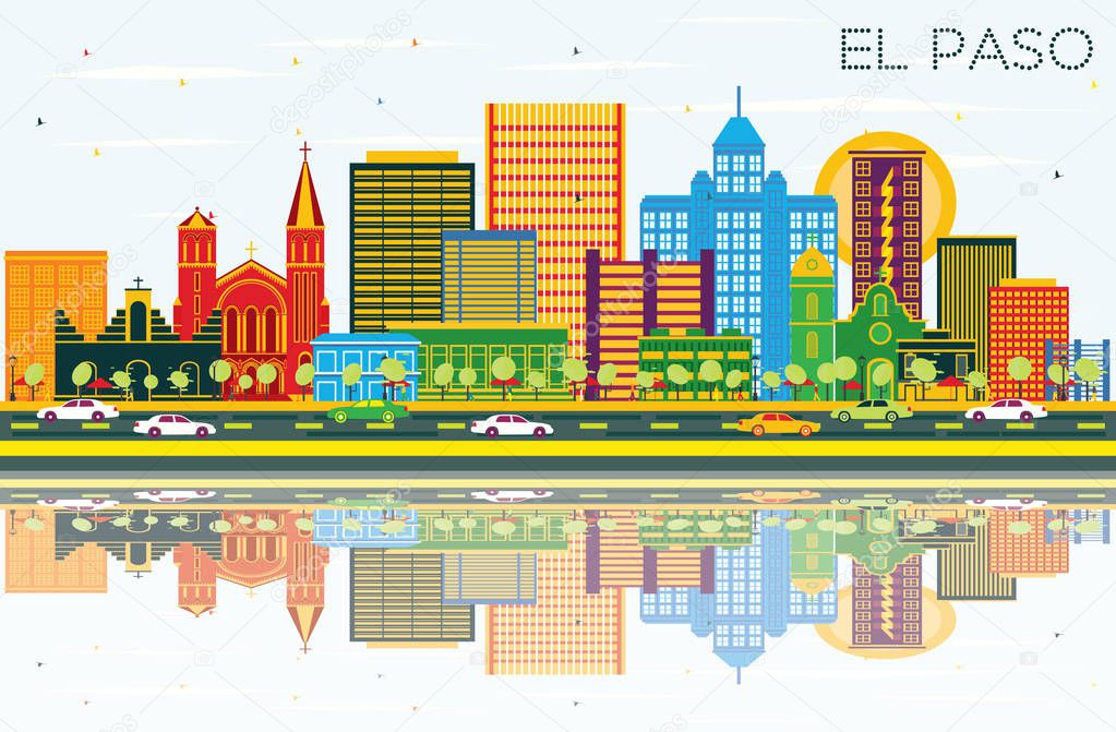 El Paso Texas City Skyline with Color Buildings, Blue Sky and Reflections. Vector Illustration. Business Travel and Tourism Concept with Modern Architecture. El Paso Cityscape with Landmarks.