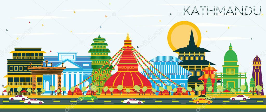Kathmandu Nepal City Skyline with Color Buildings and Blue Sky. Vector Illustration. Business Travel and Tourism Concept with Historic Architecture. Kathmandu Cityscape with Landmarks.