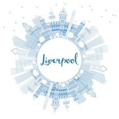Anahat Liverpool İngiltere manzarası ile mavi binalar ve kopya alanı. Vektör çizim. İş seyahat ve Turizm kavramı tarihi mimarisi ile. Liverpool Cityscape yerler ile.