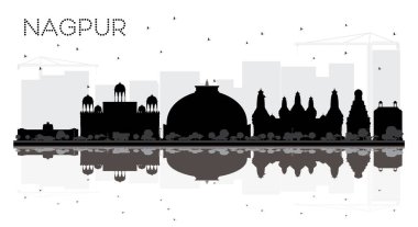 Nagpur Hindistan şehir manzarası siyah beyaz siluet yansımaları ile. Turizm tanıtımı, başlık sayfası, afiş veya web sitesi için basit düz kavramı. Nagpur Cityscape yerler ile.