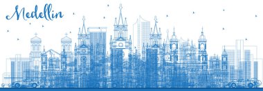 Mavi binaları ile anahat Medellin Kolombiya şehir manzarası. Vektör çizim. İş seyahat ve Turizm kavramı tarihi mimarisi ile. Medellin Cityscape yerler ile.
