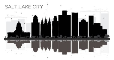 Salt Lake City Utah manzarası siyah beyaz siluet yansımaları ile. Vektör çizim. Turizm tanıtımı, başlık sayfası, afiş veya web sitesi için basit düz kavramı. Salt Lake City Cityscape yerler ile.