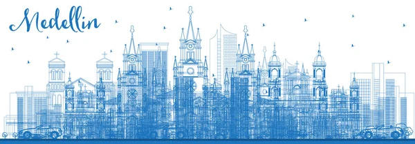 青い建物概要メデリン コロンビア都市スカイライン ベクトルの図 ビジネス旅行や歴史的建造物を観光概念です ランドマークとメデリン都市景観 — ストックベクタ