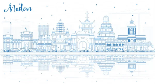 파란색 인도네시아 도시의 스카이 일러스트입니다 비즈니스 역사적 건축물 랜드마크와 — 스톡 벡터