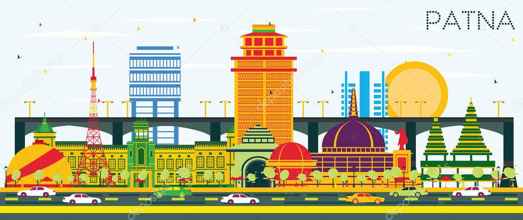 Patna India City Skyline with Color Buildings and Blue Sky. Vector Illustration. Business Travel and Tourism Concept with Modern Architecture. Patna Cityscape with Landmarks.