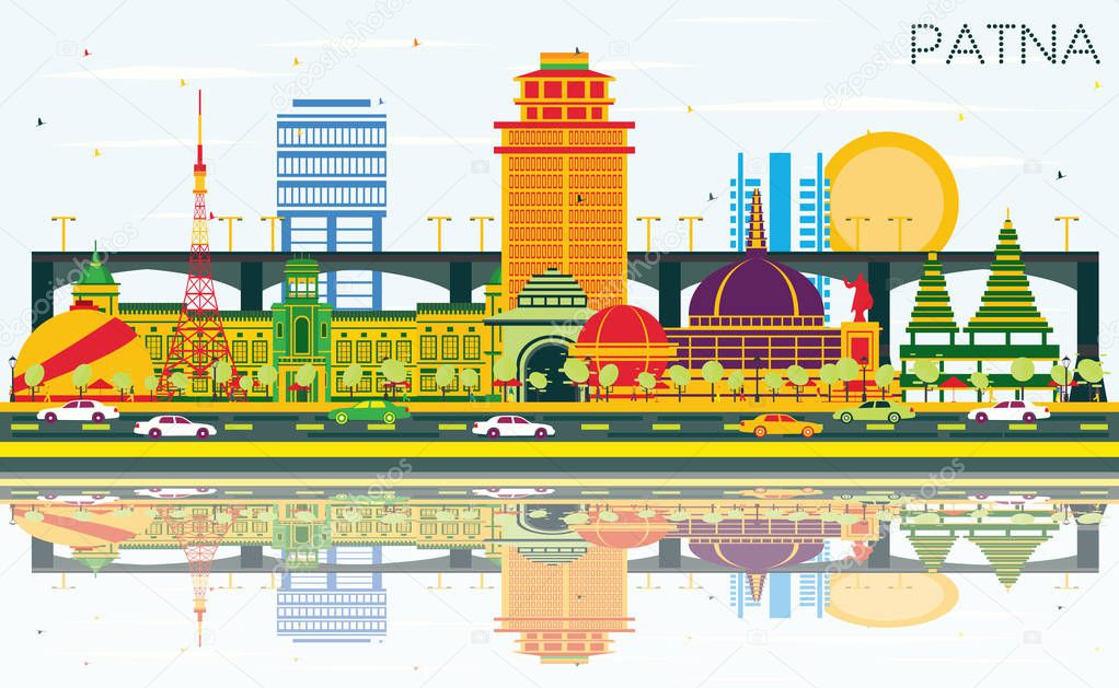 Patna India City Skyline with Color Buildings, Blue Sky and Reflections. Vector Illustration. Business Travel and Tourism Concept with Modern Architecture. Patna Cityscape with Landmarks.