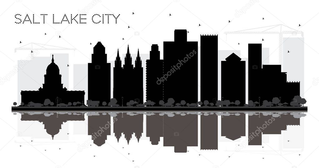 Salt Lake City Utah Skyline black and white silhouette with Reflections. Vector illustration. Simple flat concept for tourism presentation, banner, placard or web site. Salt Lake City Cityscape with landmarks.