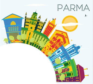 Parma İtalya şehir manzarası renkli binalar, mavi gökyüzü ve kopya alanı. Vektör çizim. İş seyahat ve Turizm kavramı tarihi binaları ile. Parma Cityscape yerler ile.
