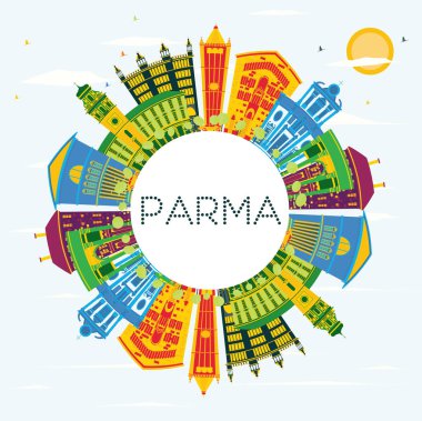 Parma İtalya şehir manzarası renkli binalar, mavi gökyüzü ve kopya alanı. Vektör çizim. İş seyahat ve Turizm kavramı tarihi binaları ile. Parma Cityscape yerler ile.