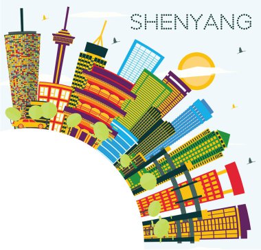 Shenyang Çin şehir manzarası renkli binalar, mavi gökyüzü ve kopya alanı. Vektör çizim. İş seyahat ve Turizm kavramı ile Modern binalar. Shenyang Cityscape yerler ile.