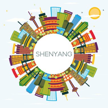 Shenyang Çin şehir manzarası renkli binalar, mavi gökyüzü ve kopya alanı. Vektör çizim. İş seyahat ve Turizm kavramı ile Modern binalar. Shenyang Cityscape yerler ile.
