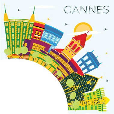 Cannes Fransa şehir manzarası renkli binalar, mavi gökyüzü ve kopya alanı. Vektör çizim. İş seyahat ve Turizm kavramı tarihi binaları ile. Cannes Cityscape yerler ile.