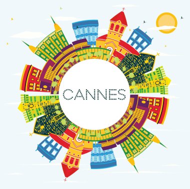 Cannes Fransa şehir manzarası renkli binalar, mavi gökyüzü ve kopya alanı. Vektör çizim. İş seyahat ve Turizm kavramı tarihi binaları ile. Cannes Cityscape yerler ile.