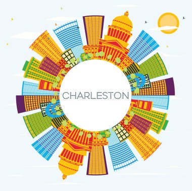 Charleston şehir manzarası renkli binalar, mavi gökyüzü ve kopya alanı. Batı Virginia. Vektör çizim. İş seyahat ve Turizm kavramı Modern mimariye sahip. Charleston Cityscape yerler ile.