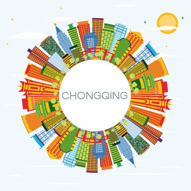 Chongqing Çin şehir manzarası renkli binalar, mavi gökyüzü ve kopya alanı. Vektör çizim. İş seyahat ve Turizm kavramı ile Modern binalar. Chongqing Cityscape yerler ile.