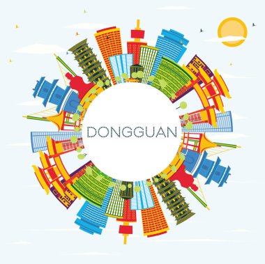 Dongguan Çin şehir manzarası renkli binalar, mavi gökyüzü ve kopya alanı. Vektör çizim. İş seyahat ve Turizm kavramı Modern mimariye sahip. Dongguan Cityscape yerler ile.