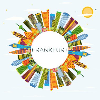 Frankfurt Almanya şehir manzarası renkli binalar, mavi gökyüzü ve kopya alanı. Vektör çizim. İş seyahat ve Turizm kavramı ile Modern binalar. Frankfurt Cityscape yerler ile.