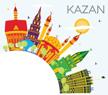 Kazan Rusya şehir manzarası renkli binalar, mavi gökyüzü ve kopya alanı. Vektör çizim. İş seyahat ve Turizm kavramı tarihi mimarisi ile. Kazan Cityscape yerler ile.