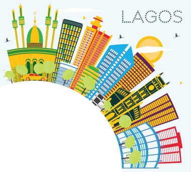 Lagos Nijerya şehir manzarası renkli binalar, mavi gökyüzü ve kopya alanı. Vektör çizim. İş seyahat ve Turizm kavramı ile Modern binalar. Lagos Cityscape yerler ile.