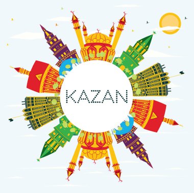 Kazan Rusya şehir manzarası renkli binalar, mavi gökyüzü ve kopya alanı. Vektör çizim. İş seyahat ve Turizm kavramı tarihi mimarisi ile. Kazan Cityscape yerler ile.