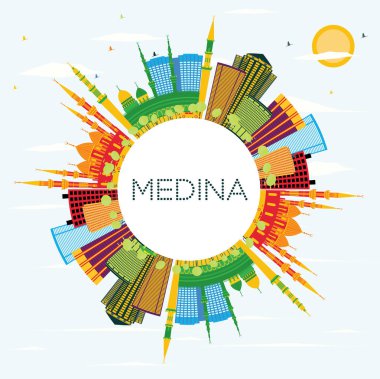 Medine Suudi Arabistan şehir manzarası renkli binalar, mavi gökyüzü ve kopya alanı. Vektör çizim. İş seyahat ve Turizm kavramı tarihi binaları ile. Medine Cityscape yerler ile.