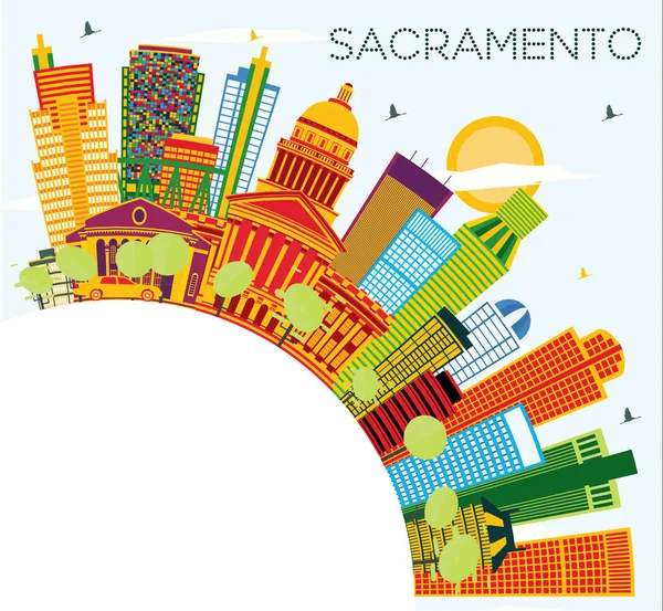 Sacramento Usa Panorama Barevné Budovy Modrá Obloha Kopírovat Prostoru Vektorové — Stockový vektor