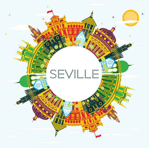 Seville Spain City Skyline with Color Buildings, Blue Sky and Copy Space. Vector Illustration. Business Travel and Tourism Concept with Historic Buildings. Seville Cityscape with Landmarks.