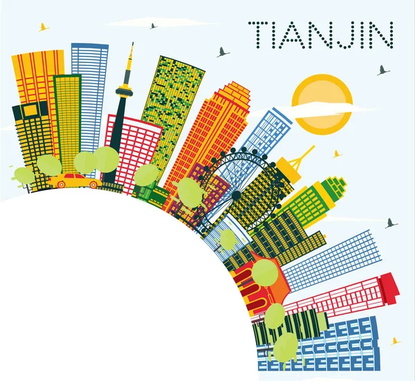 Tianjin China City Skyline Met Kleur Gebouwen Blauwe Hemel Kopie — Stockvector