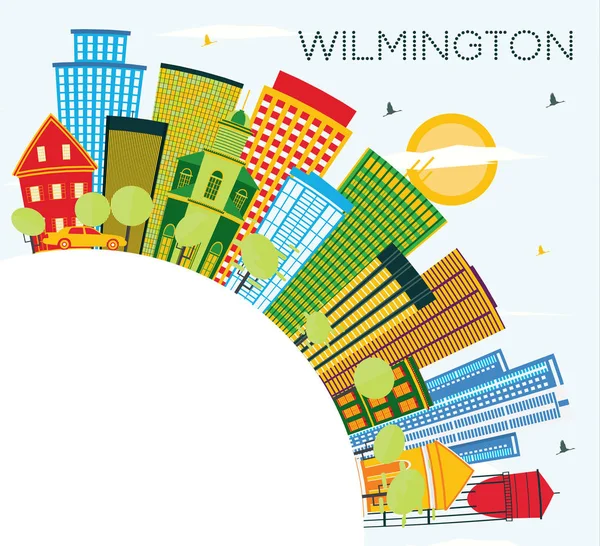 ウィルミントン デラウェア州都市スカイライン コピー スペース 青空色の建物 ベクトルの図 ビジネス旅行と観光概念と近代建築 ランドマークとウィルミントン街並 — ストックベクタ