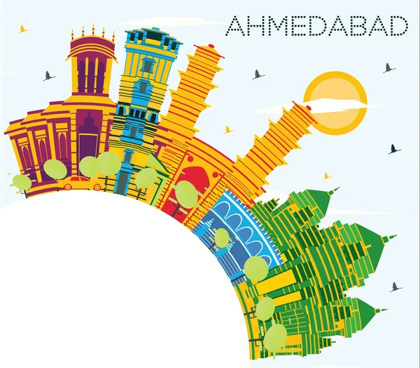 艾哈迈达巴德印度城市天际线与彩色建筑 蓝天和复制空间 矢量插图 商务旅游和旅游概念与历史建筑 艾哈迈达巴德城市景观与地标 — 图库矢量图片