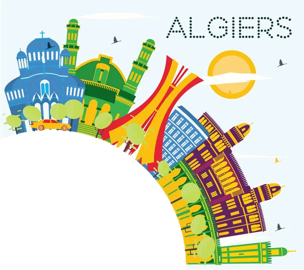 阿尔及利亚阿尔及尔城市天际线 色彩建筑 蓝天和复制空间 矢量插图 商务旅行和旅游概念与历史建筑 阿尔及尔城市景观与地标 — 图库矢量图片