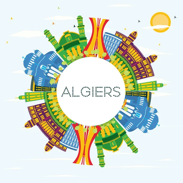 阿尔及利亚阿尔及尔城市天际线 色彩建筑 蓝天和复制空间 矢量插图 商务旅行和旅游概念与历史建筑 阿尔及尔城市景观与地标 — 图库矢量图片