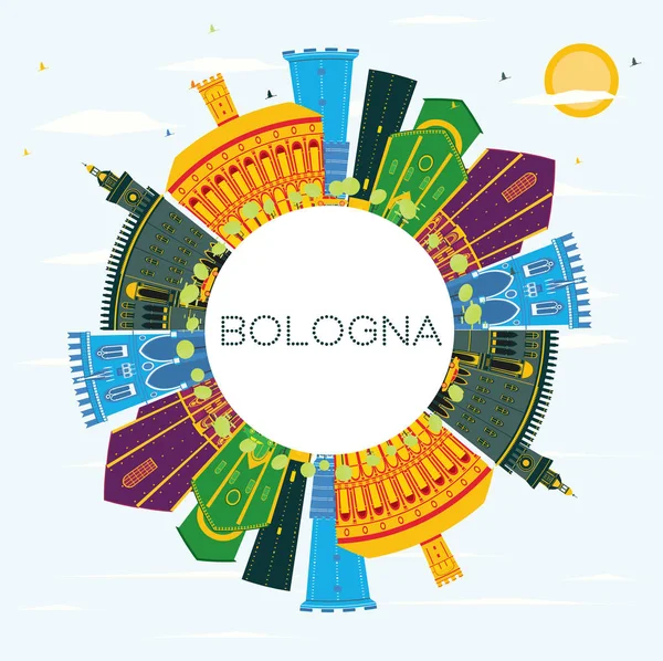 意大利博洛尼亚城市天际线与彩色建筑 蓝天和复制空间 矢量插图 商务旅行和旅游概念与历史建筑 博洛尼亚城市景观与地标 — 图库矢量图片