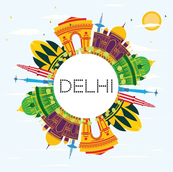 印度德里的地平线上有彩色建筑 蓝天和复制空间 矢量插图 商务旅游和旅游概念与历史建筑 新德里城市景观与地标 — 图库矢量图片