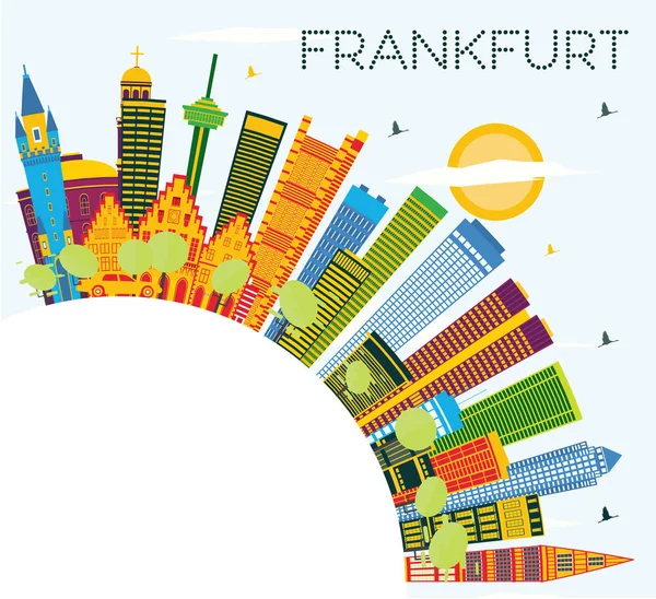 色建物 青い空とコピー領域にドイツ フランクフルトのスカイライン ベクトルの図 ビジネス旅行と観光概念と近代建築 ランドマークとフランクフルトの街並み — ストックベクタ