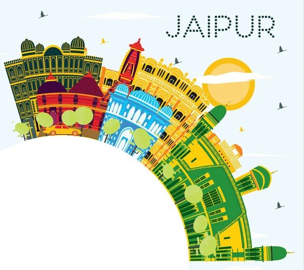 Jaipur India City Skyline Mit Farbigen Gebäuden Blauem Himmel Und — Stockvektor