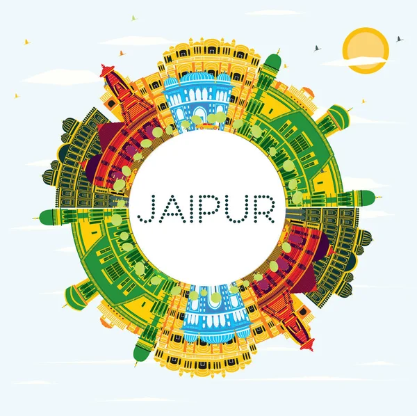 Jaipur India City Skyline Mit Farbigen Gebäuden Blauem Himmel Und — Stockvektor