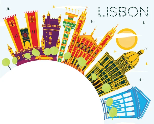 リスボン ポルトガル都市スカイライン コピー スペース 青空色の建物 ベクトルの図 ビジネス旅行や歴史的建造物を観光概念です ランドマークとリスボンの街並み — ストックベクタ