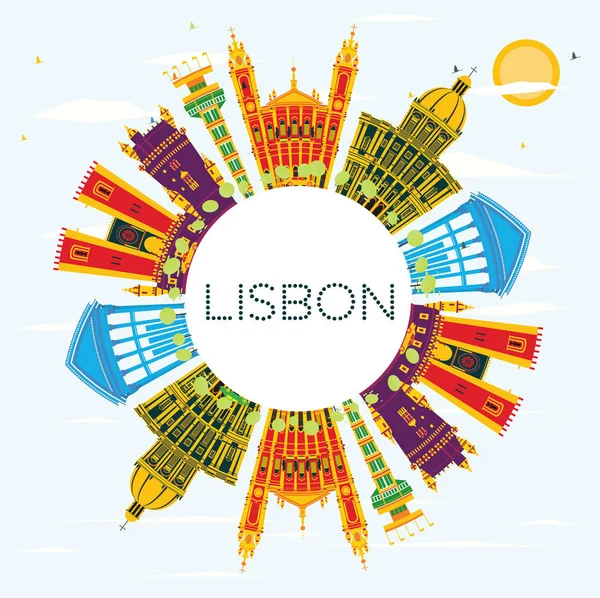 Lisbon Portugal City Skyline Цветными Зданиями Голубым Небом Пространством Копирования — стоковый вектор