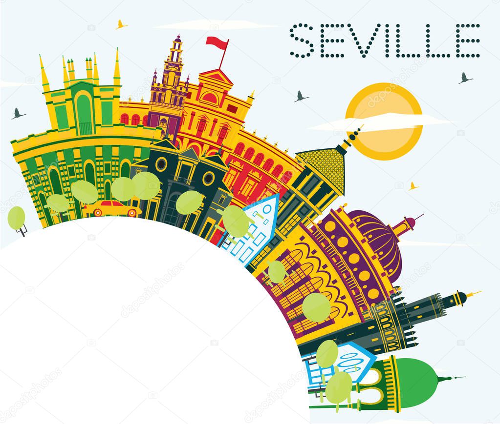 Seville Spain City Skyline with Color Buildings, Blue Sky and Copy Space. Vector Illustration. Business Travel and Tourism Concept with Historic Buildings. Seville Cityscape with Landmarks.