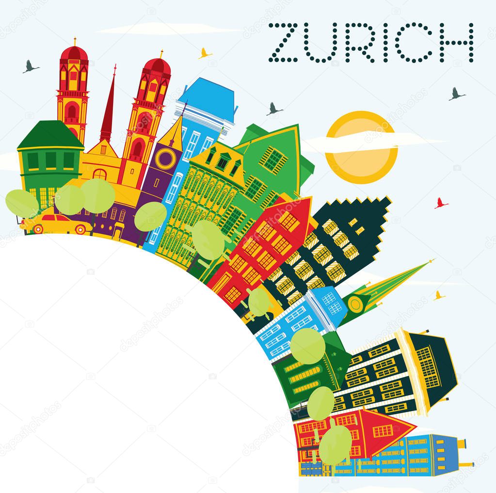 Zurich Switzerland City Skyline with Color Buildings, Blue Sky and Copy Space. Vector Illustration. Business Travel and Tourism Concept with Zurich Historic Buildings. Zurich Cityscape with Landmarks.