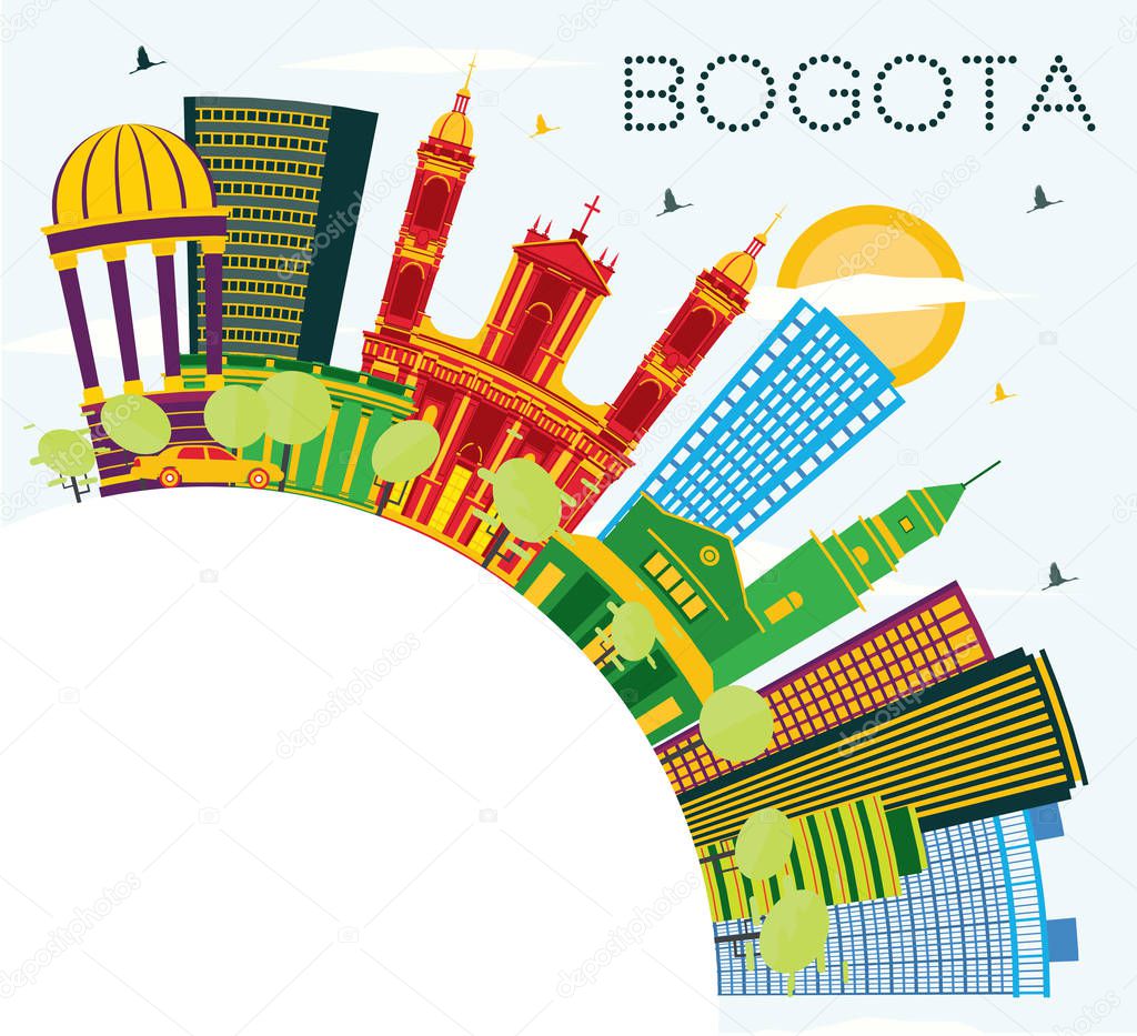 Bogota Colombia City Skyline with Color Buildings, Blue Sky and Copy Space. Vector Illustration. Business Travel and Tourism Concept with Historic Buildings. Bogota Cityscape with Landmarks.