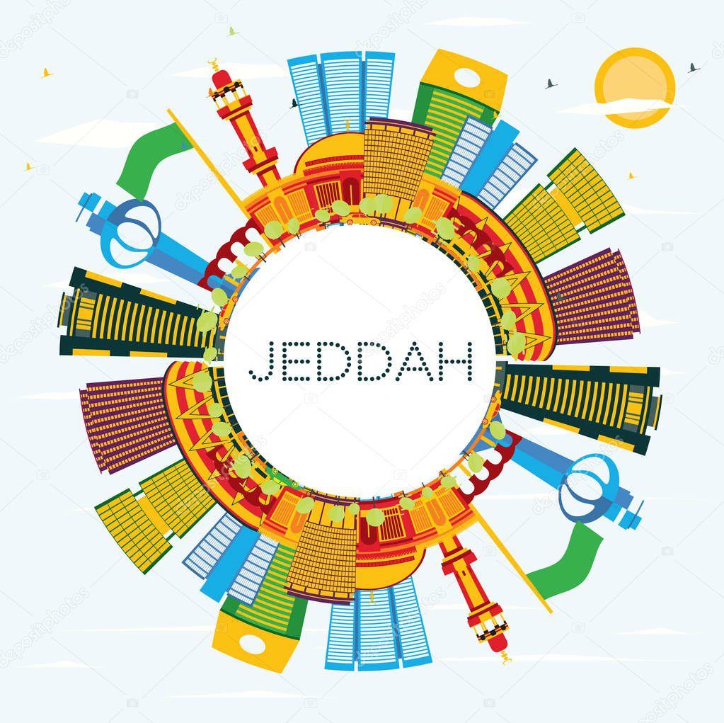 Jeddah Saudi Arabia City Skyline with Color Buildings, Blue Sky and Copy Space. Vector Illustration. Business Travel and Tourism Concept with Modern Buildings. Jeddah Cityscape with Landmarks.