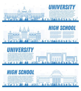 Anahat Üniversitesi Kampüs çalışma afiş kümesi. Vektör çizim. Öğrenciler Üniversite ana binaya gidin. Kopya alanı ile banner.