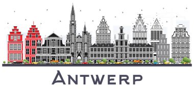 Antwerp Belçika şehir manzarası ile gri beyaz izole binalar. Vektör çizim. İş seyahat ve Turizm kavramı tarihi mimarisi ile. Antwerp Cityscape yerler ile.