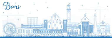 Blue Buildings ile Bari Italya City Skyline 'ın ana hatları. Vektör İllüstrasyonu. Modern Mimariyle İş Seyahatleri ve Turizm Konsepti. Tarihi İşaretli Bari Şehir Manzarası.