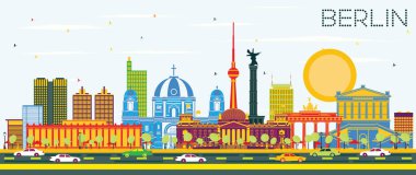 Berlin Almanya şehir manzarası renkli binalar ve mavi gökyüzü. Vektör çizim. İş seyahat ve Turizm kavramı tarihi mimarisi ile. Berlin Cityscape yerler ile.