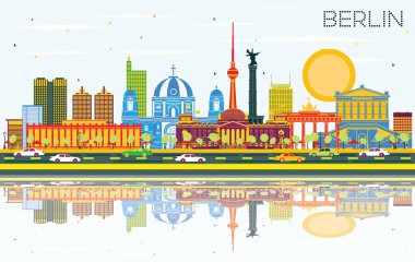 Berlin Almanya Renkli Binalar, Mavi Gökyüzü ve Yansımaları ile Skyline Şehri. Vektör İllüstrasyonu. Tarihi Mimariyle İş Seyahati ve Turizm Konsepti. Tarihi Simgelerle Berlin Şehri.